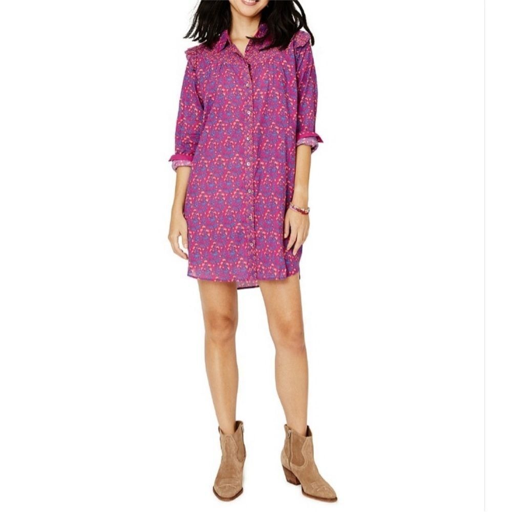ROLLER RABBIT Darya Purple Floral Cotton Shirt Dress Button Front Size Small New